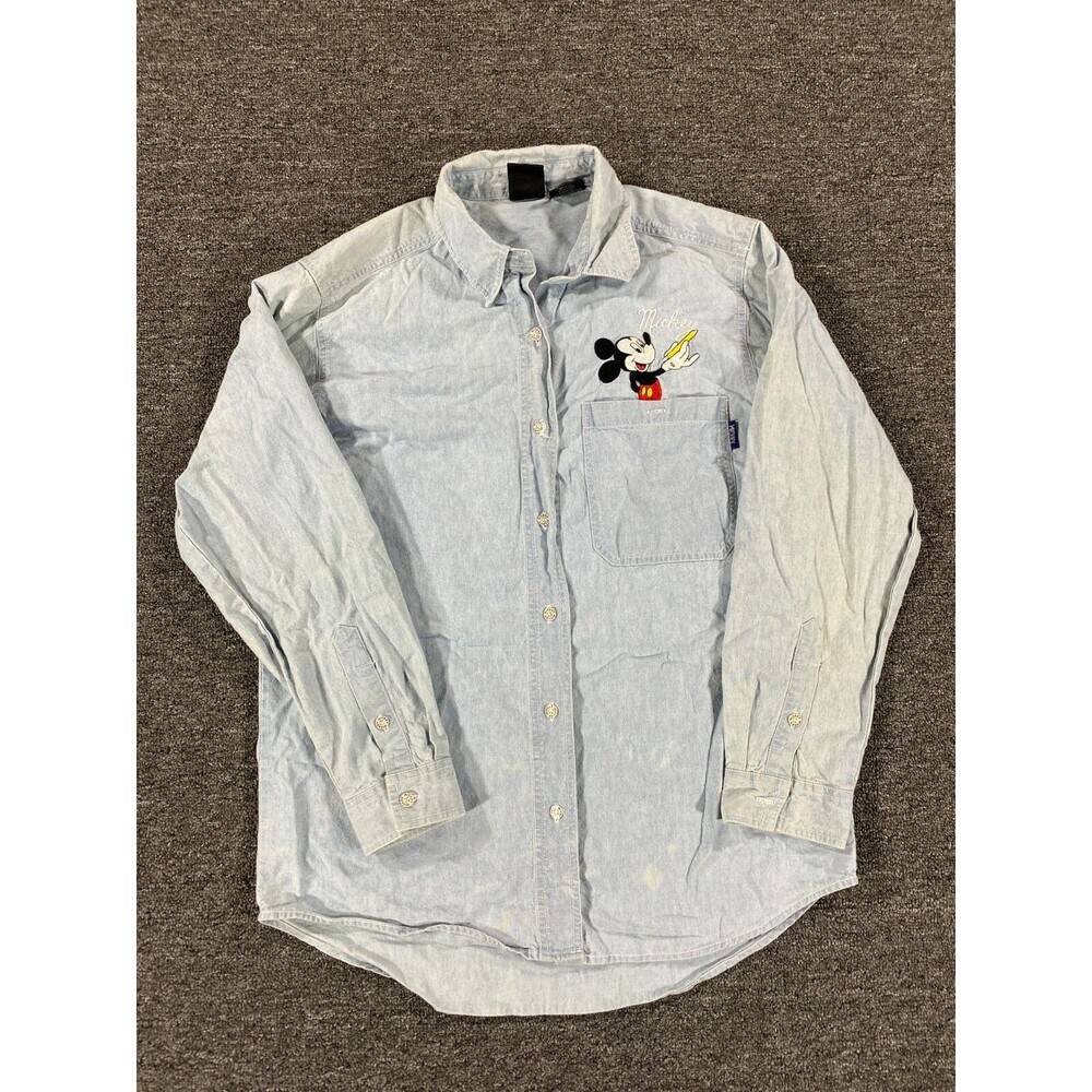 Disney Jerry Leigh Womens Small Blue Denim Button Up Long Sleeve Shirt Mickey - Picture 2 of 12